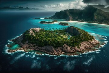 Canvas Print - Island of Seychelles, where a dense jungle covers much of the island. Generative AI