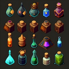 Set of RPG game icons, sprite sheet of magic potions, generative ai, 2d magical element icon, collection of alchemy bottle spell button