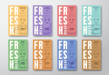 Wall Mural - Fresh Baked Bread and Pastry Abstract Vector Packaging Design Labels Collection. Modern Typography Banners, Hand Drawn Bread and Croissant Illustration Set Color Paper Background Layouts Isolated