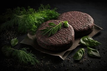 Poster - Beef burger patties made from ground beef and herbs, ready to be grilled over a BBQ. All black backdrop. Perspective from on high. Generative AI