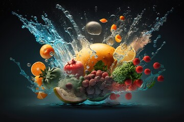 Poster - Fruit juice mixed with water. Underwater photography of fresh fruit and vegetables. A cartoon depicting the first step in transforming raw ingredients into finished products that are both healthy and