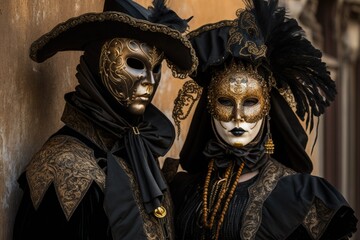 Canvas Print - Couple wears black and gold masks at the Venice Carnival, February 6, 2018. Venice, Italy. Generative AI