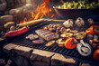 Bbq grilled vegetables and mushrooms outdoors. Created with Generative AI technology.