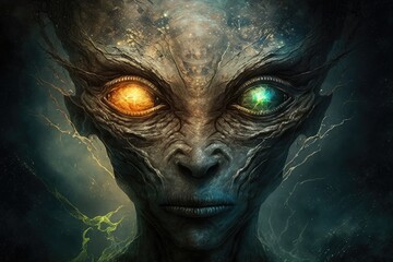 Poster - strange extraterrestrial portrait, chilling, terrifying, eye catching. generative ai