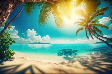 Wall Mural - Paradise Beach in the sun, with palm trees and azure water. Concept of summertime fun and relaxation on a tropical beach. Generative AI