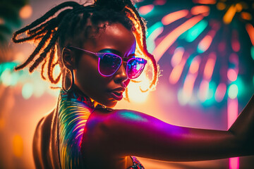 Wall Mural - Attractive african american girl dancing, clubbing at the hot summer dance party. Colorful sunglasses. Palm trees on background. Vacation nightlife.