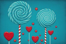 Send Your Sweetheart A Card This Valentine's Day. Blue Background With Red Lollipop Hearts. The Idea Is Humorous. Generative AI