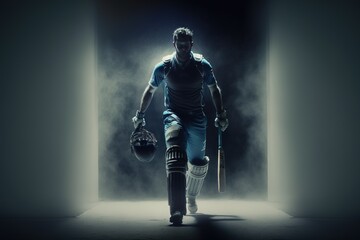 Wall Mural - A cricket player walking on the ground in a blue jersey. Cricket. sports player. Generative AI	