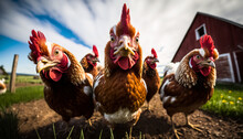 A Flock Of Curious Chickens Peek Into The Camera, Close-up Shot. Generative Ai