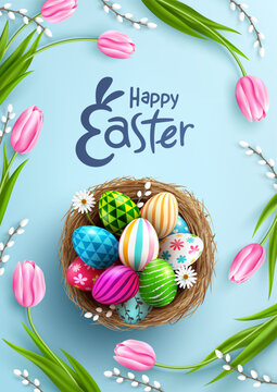 easter poster and banner template with easter eggs in the nest on light green background.greetings a