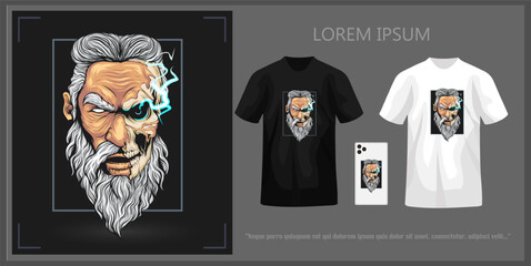 Wall Mural - T-shirt design featuring zeus head with skull complete with mockup.