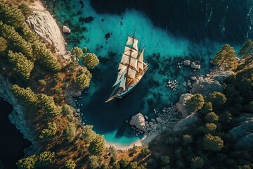 Sticker - Top down drone footage of a beautiful seascape with a sailing ship. Generative AI