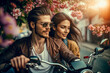 Girl in love and her boyfriend man are sitting on a motorcycle flirting, hugging. Flowers in bloom. Sunset. Passionate sensual relationship, where the couple is in control of their own journey 
