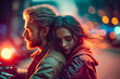 Girl in love and her boyfriend man are sitting on a motorcycle flirting, hugging. Passionate sensual relationships, where the couple is in control of their own journey. Night city street light