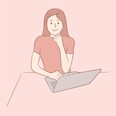 Wall Mural - Smiling woman sitting with laptop. Hand drawn line design. Girl is working at laptop with pleasure. Pastel colors