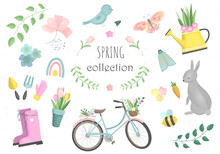 Spring Set, Vector Elements - Flowers, Bird, Bicycle, Gumboots And Other. Vector Illustration. Perfect For Greeting Card, Scrapbooking, Party Invitation, Poster, Tag, Sticker Kit.