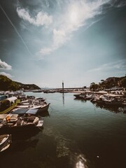 Wall Mural - Vertical shot of the boats moored at the port