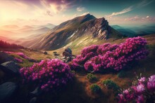 Beautiful Scenery With Pink Rhododendron Flowers On A Warm Summer Day. The Area Is The Carpathian Mountains In The Ukrainian Region Of Europe. Colorful Picture Wallpaper. Amazing Summer Setting. Learn
