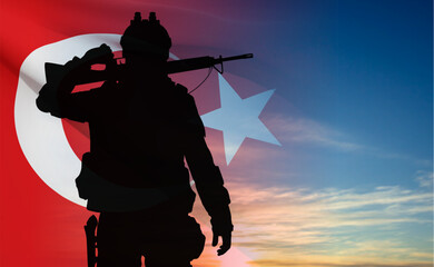 Silhouette of soldier with Turkey flag on background of sky. Background for Turkish Armed Forces Day, Victory Day. EPS10 vector