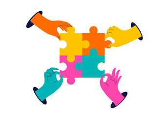 Wall Mural - Collection of colorful hands holding jigsaws. Solving problems together, social media, communication theme website concept illustrations