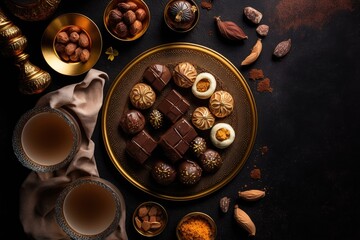 Poster - traditional arab desserts, candies, and dates set out on a table for a ramadan kareem iftar celebrat