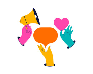 collection of colorful hands holding megaphone, speech bubble and heart. business, social media, com
