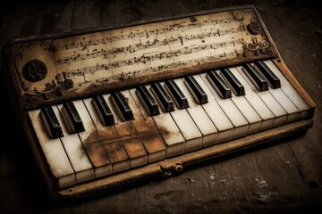 Sticker - Vintage piano keyboard from the past. Observed in a proximate fashion. Generative AI