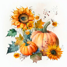 Watercolor Ripe Pumpkins With Sunflower Flowers And Autumn Leaves.Generative AI Technology.