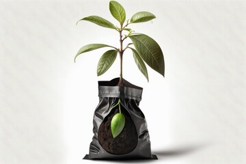 Poster - isolated on a white background with a clipping path, a young avocado tree is sprouting within a blac