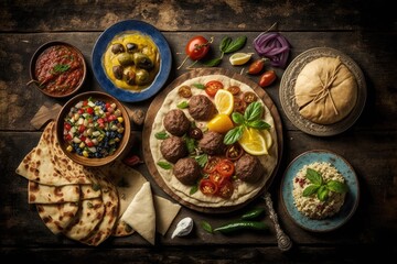 Poster - Mezze and other Middle Eastern appetizers served on a concrete tabletop with a wood plank backdrop. Foods like meat kebabs, falafel, baba ghanoush, hummus, sambusak, tahini flavored rice, kibbeh, and