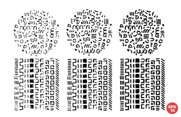 Poster - Marker drawn scribble square and round composition vector set. Childish geometric drawing. Hand draws tribal style compositions. Monochrome graphic design elements set.