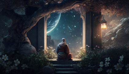 a monk meditating in a garden with a galaxy above generative ai