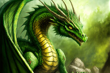 Green Dragon Portrait, Mysterious Monster From Farytales And Symbol Of 2024 Lunar Year In Chinese Calendar. Generated AI.