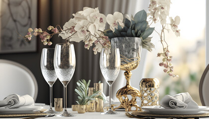 two cristal wine glass, wedding design, tall glass, live orchids table at foreground