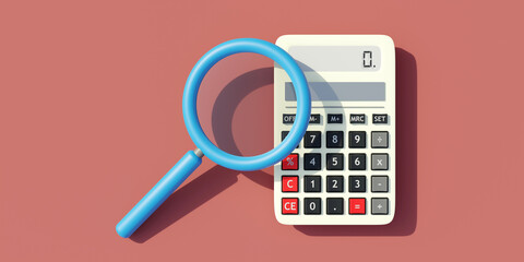 Calculator and magnifier glass, business cost analysis, search concept, 3d