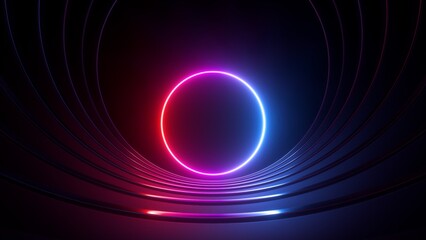 Wall Mural - 3d render, abstract simple geometric background with glowing neon round shape. red pink blue laser r