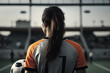 Woman soccer player on the soccer field. Generative AI