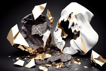 jewelry background. 3d pieces of broken marble and gold. Generative AI