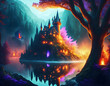 Steampunk fantasy colorful city on the lake. Generative AI