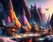 Steampunk fantasy colorful city in the mountain. Generative AI