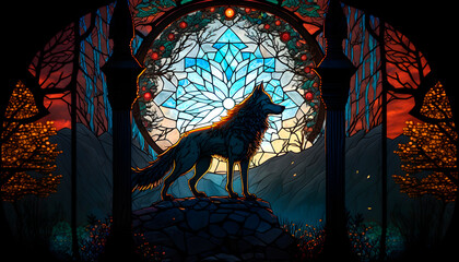 the wolf stands in front of a stained-glass window of colorful windows