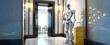 wide banner of robot butler or room service delivering bags to hotel room - Generative AI