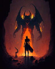 Wall Mural - a demonic creature standing in the middle of a cave, dark fantasy, art illustration 