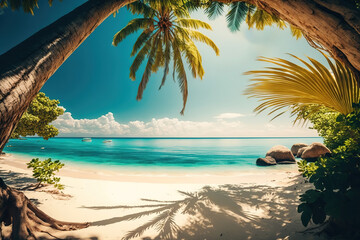 a tropical beach with palm trees in the foreground, sunny day at beach, art illustration 