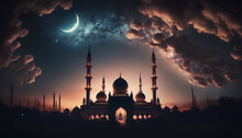Mosque Sunset Sky, Moon, Holy Night, Islamic Night And Silhouette Mosque, Islamic Wallpaper. Generative AI.