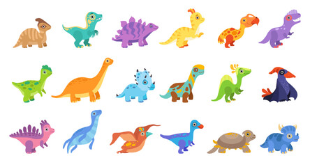 Wall Mural - Set of cute baby dinosaurs. Adorable stegosaurus, brontosaurus, tyrannosaurus, velociraptor kid animals cartoon vector Illustration