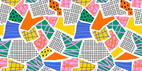 Abstract organic shape seamless pattern with colorful geometric doodles. Flat cartoon background, simple random shapes in bright childish colors.