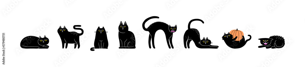Set of halloween black cat animal cartoon illustration. Funny hand drawn witch cats collection on isolated background.