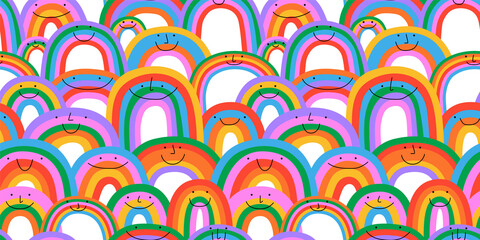 Wall Mural - diverse colorful rainbow seamless pattern illustration. multi color cartoon characters in funny chil