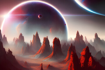 Landscape of an alien planet, fictional other worlds  in the universe, science fiction cosmic background